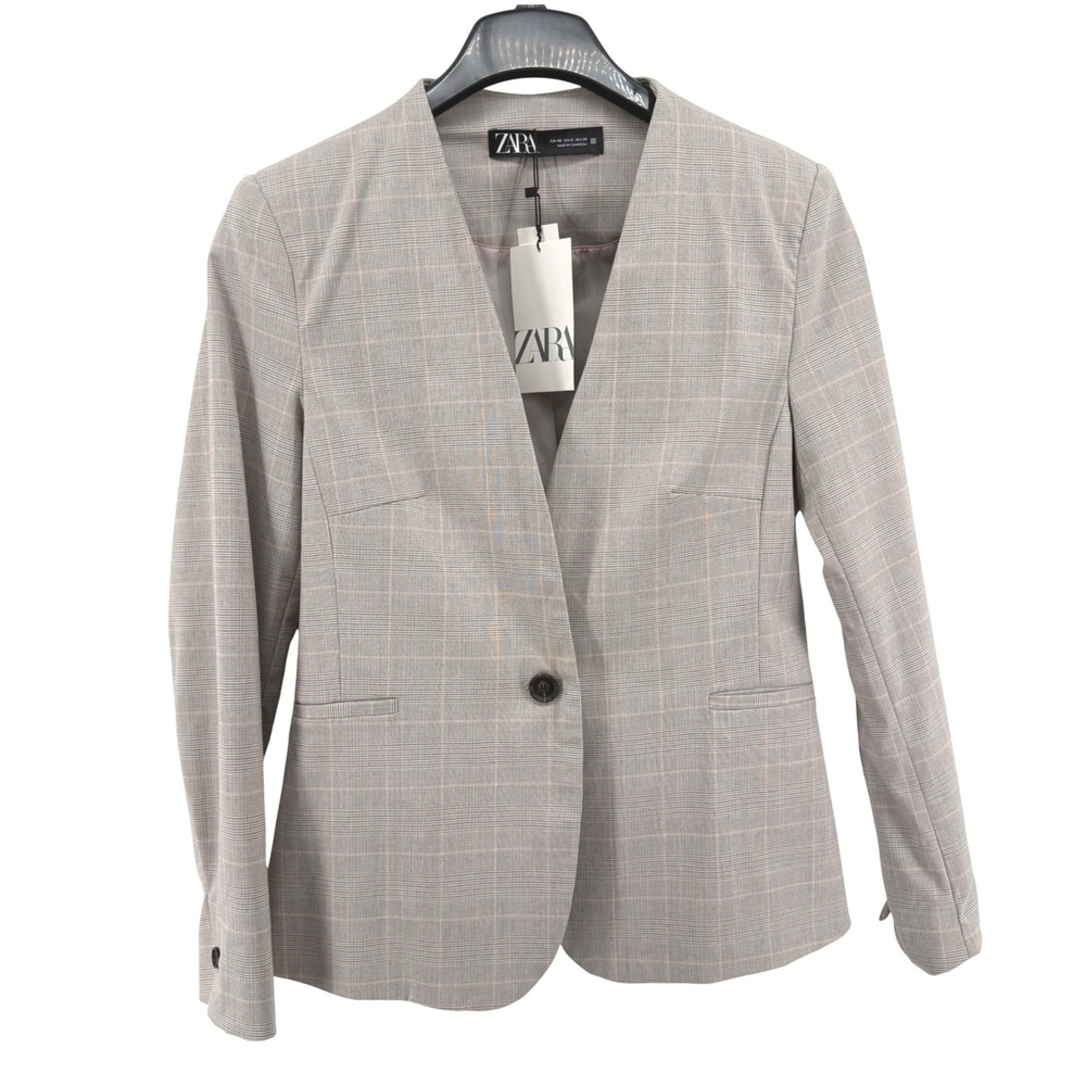 NEW Zara Blazer Womens 8 Blazer Grey Pink Glen Plaid Collarless 1- Button Jacket